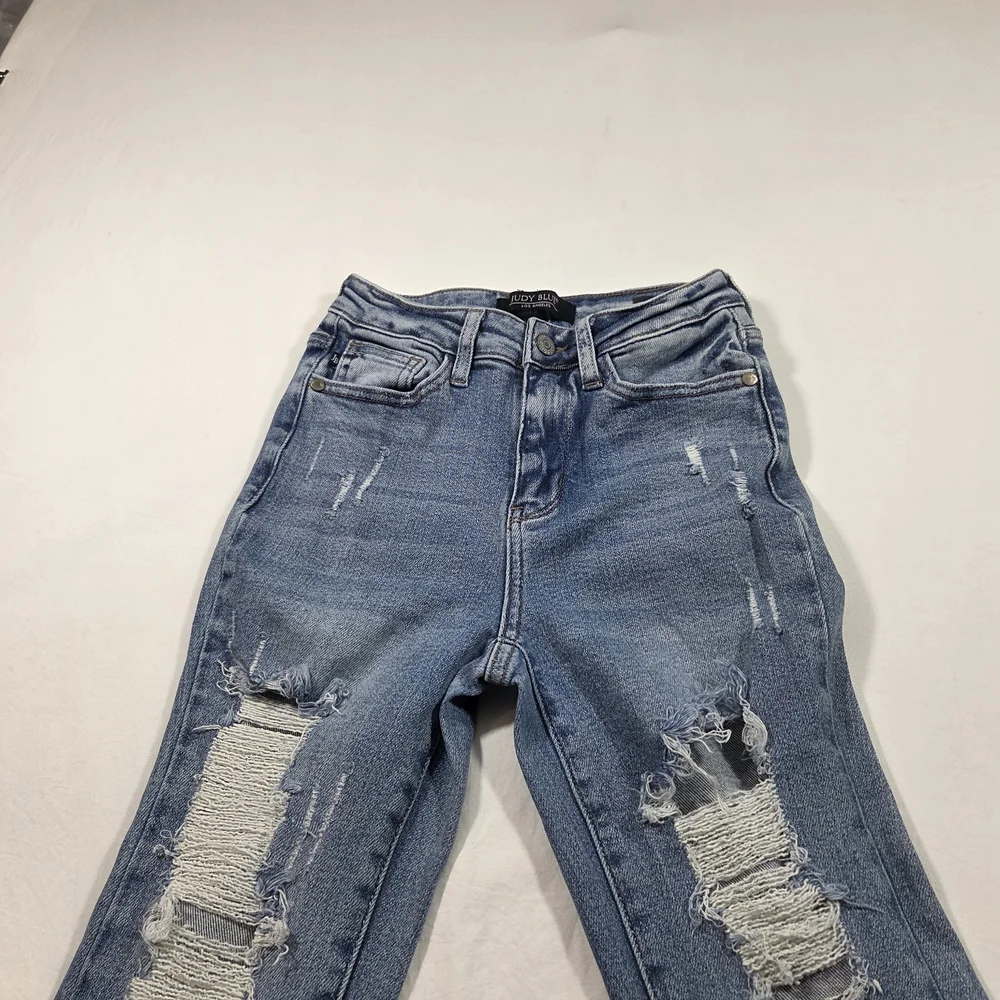 Judy Blue Medium Blue Flare Jeans with Distressed Details - Picture 4 of 13